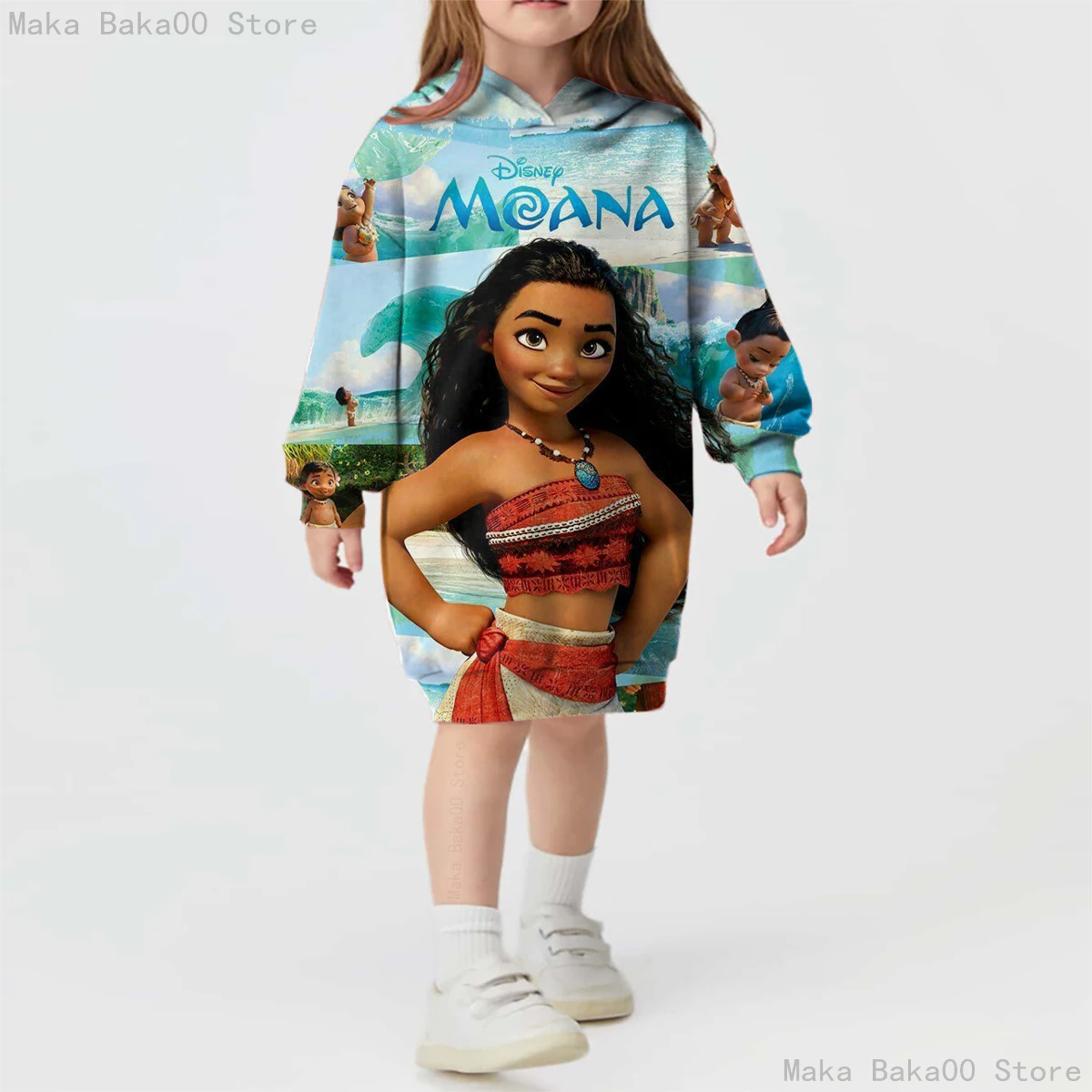 

Осеннее платье-свитер с капюшоном и длинным рукавом, платье принцессы Моаны, повседневный мультяшный свитшот, детское платье