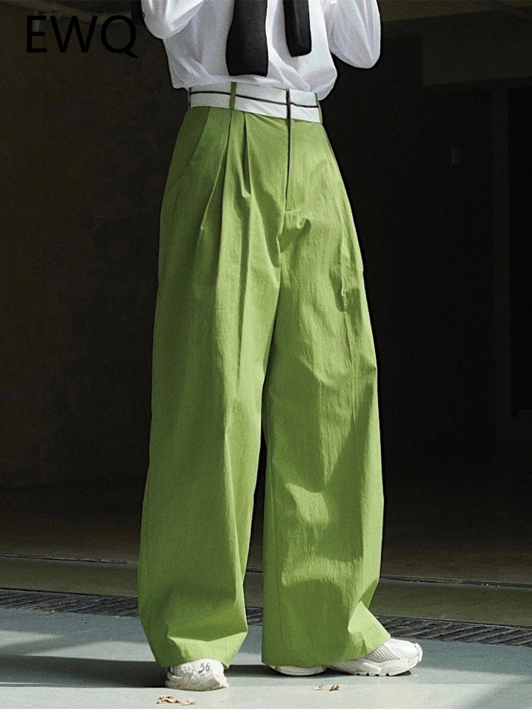 

EWQ Spliced High Waist Wide Leg Pants For Women Contrast Color Straight Loose Trouses Korean Clothing 2023 Summer New 26D3582