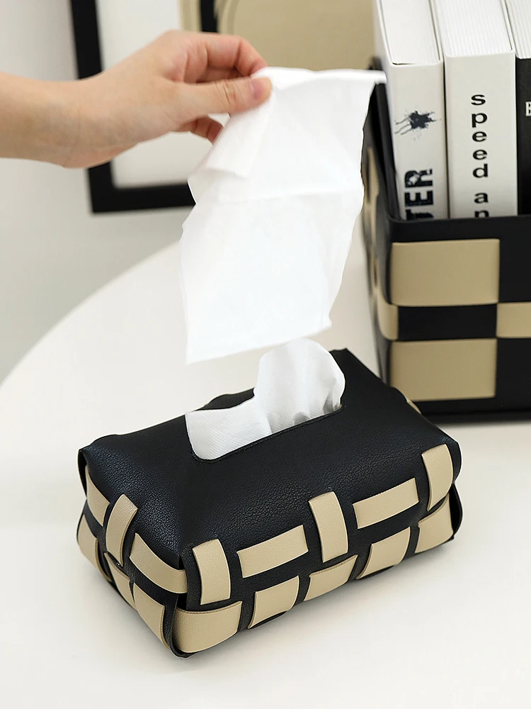 

Bilayer PU Color Matching Tissue Box,Creative Hand Woven Paper Drawer, Nordic Style Rectangular Paper Soft Drawer