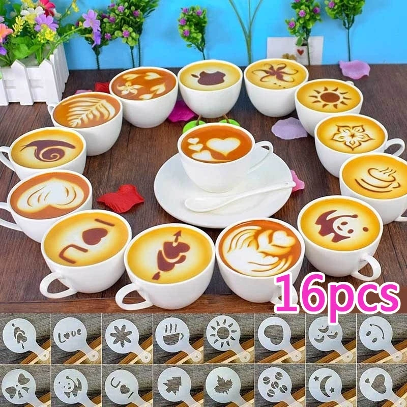 16Pcs Garland Mold Fancy Coffee Printing Model Thick Cafe Foam Spray Template Barista Stencils Cake Cookie Decoration Tools