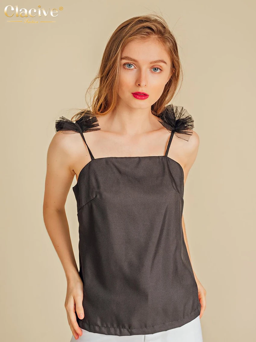 

Clacive Summer Blue Satin Top Women Bodycon Mesh Spliced Sleeveless Camisole Elegant Slim Backless Tank Top Female Clothing 2022