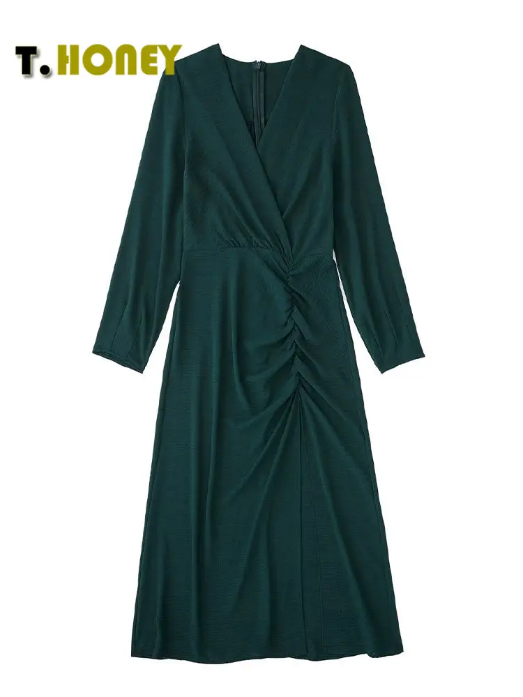 

Женское модное однотонное плиссированное платье TELLHONEY с V-образным вырезом и молнией сзади, женские повседневные свободные платья с длинным...