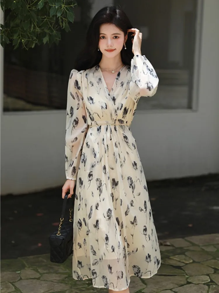 

Vintage Women Print Midi Dress 2023 Fashion V-neck Lady Casual One Pieces Clothes Long Sleeve Female Elegant A-line Maxi Dresses