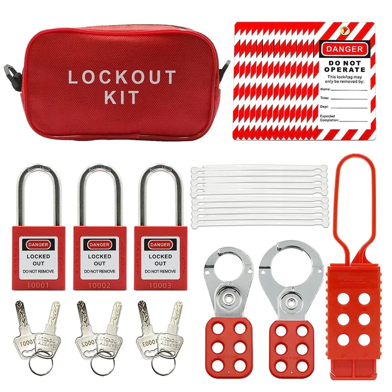 Фото Комплект Lockout Tagout - бирка Lockout Tagout, нейлоновая галстук, нейлоновая сумка для хранения, красный предохранительный замок, замки Lockout Tagout (красный комплект) №1