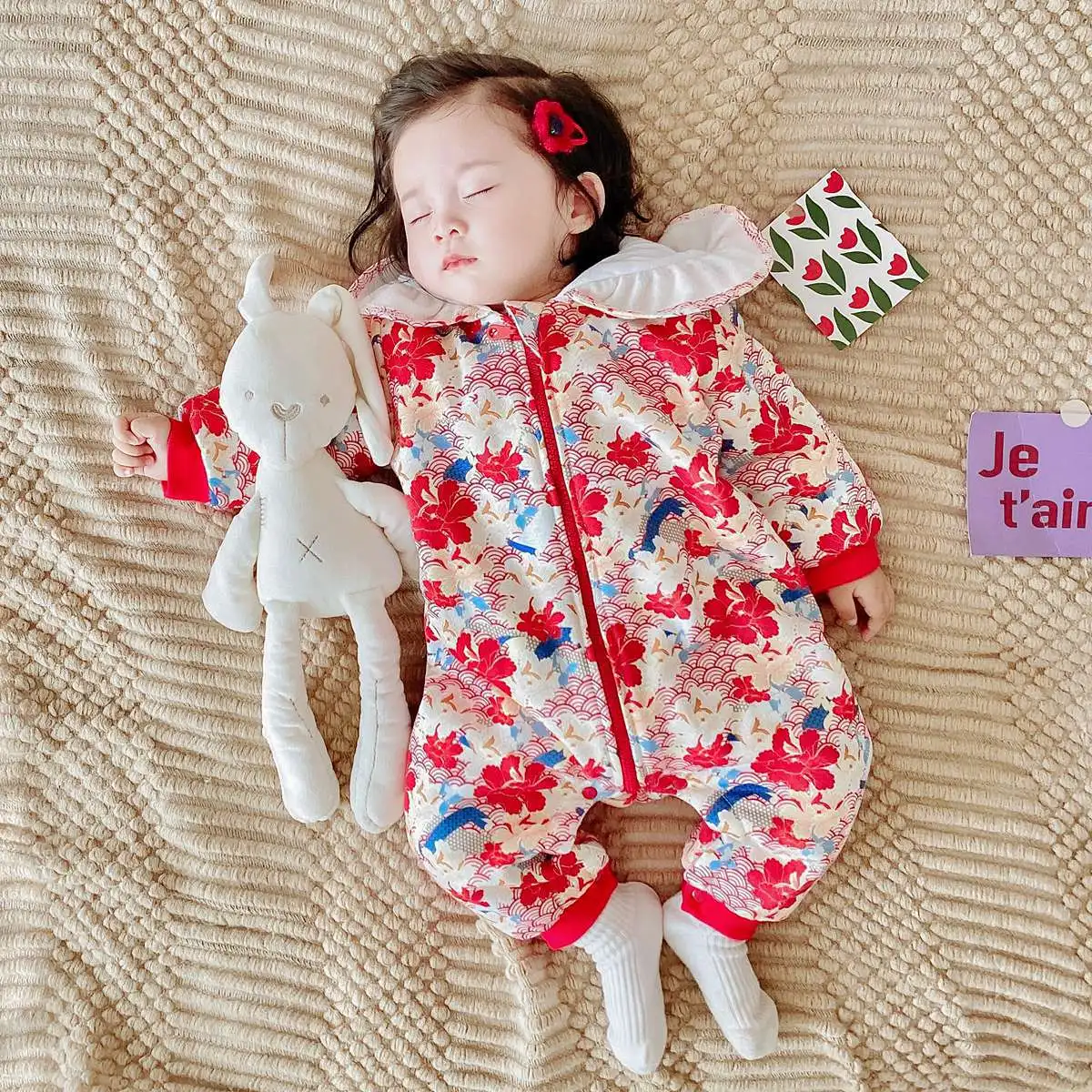 

2023 Chinese Style Flower Print Winter Thickened Hooded Zipper Suit for Newborn Baby One-piece Clothes for Girls Romper 0-3Year