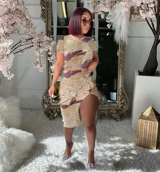 2023 Summer Women Skirt Set Camouflage Shirt + Dress Skirt Split Out Tracksuit Matching Set Clothes For Women Outfit 1