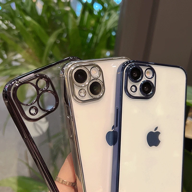 

Luxury Plating Transparent Soft Silicone Case for iPhone 13 11 12 Pro Max Mini XR X XS Shockproof Clear Cover Camera Protect