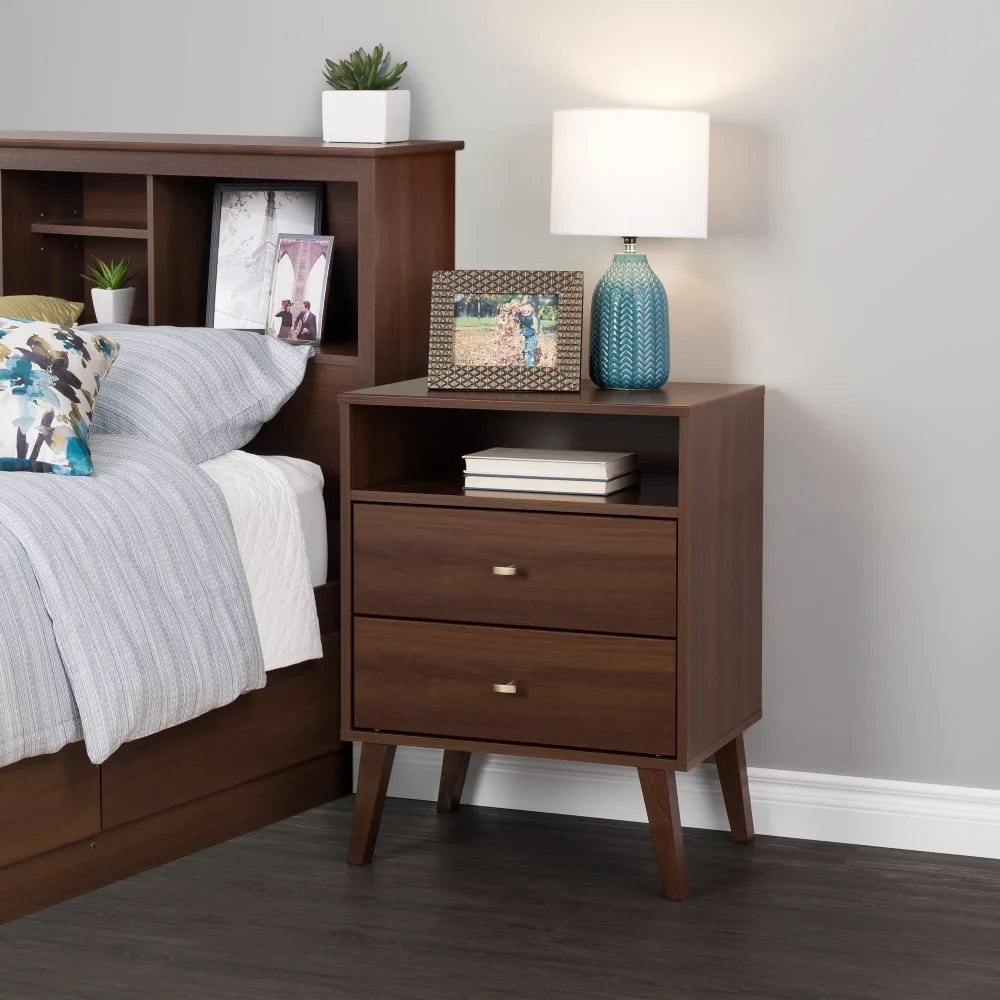 

Mid Century Modern Tall 2 Drawer Bedroom Nightstand, Cherry