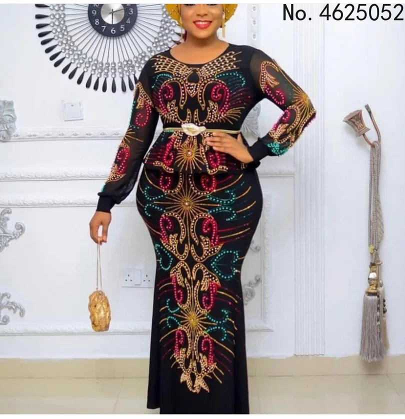 

African Design VeLvet Pearl Diamond Long Dress Big Elastic Material New For Lady
