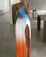 one piece summer dresses woman 2022 new fashion casual vacation ombre one shoulder high slit maxi dress