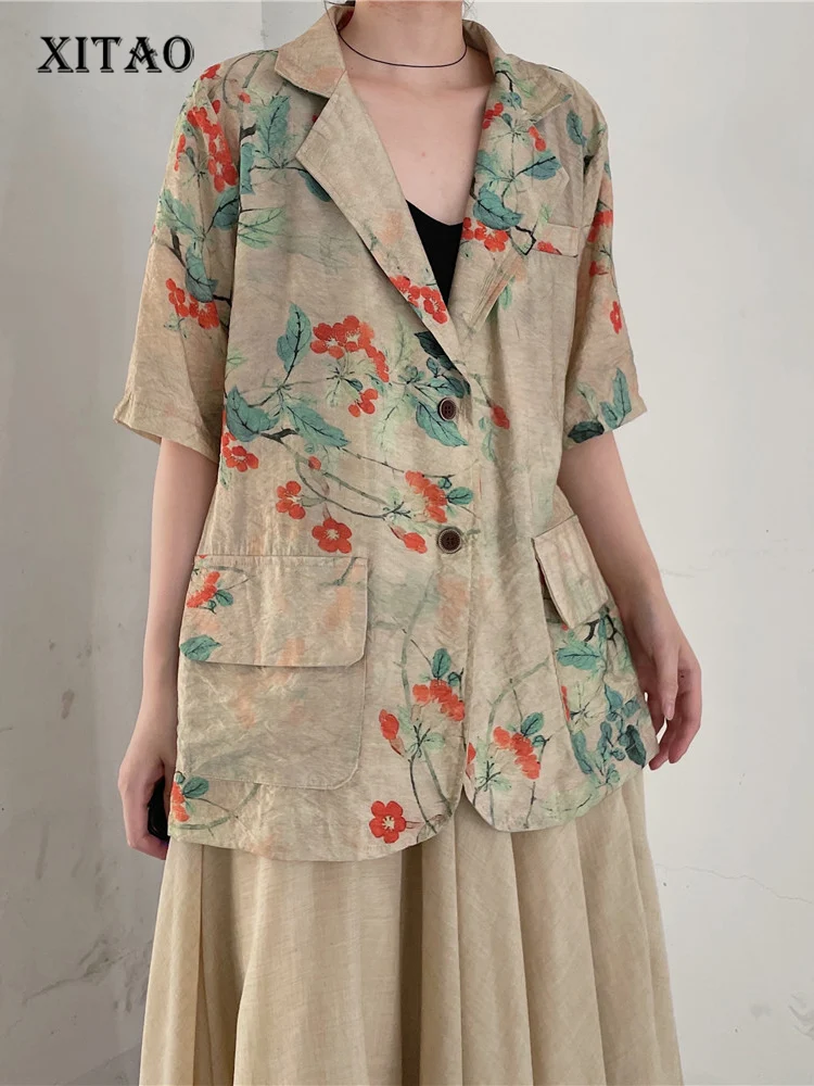 

XITAO Print Pattern Blazer Fashion Women Single Breast Pocket Goddess Fan Casual Style Half Sleeve 2022 Summer Coat WMD6703