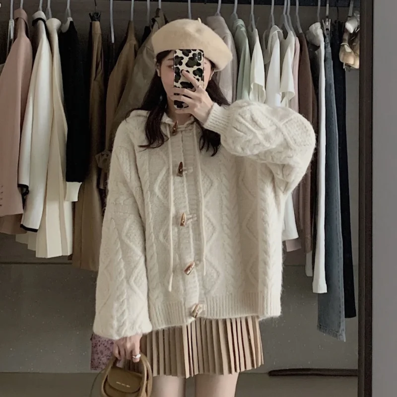 

Knitting cardigan Autumn and Winter 2022 New college milk white fried dough twist cow horn button hooded soft waxy sweater coat