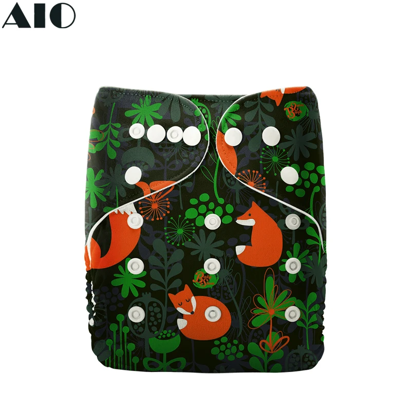 

[AIO] Stay-dry Baby Nappies Green Leaf Fox Print Eco Cloth Diaper Waterproof Prevent Leakage Infant Training Pants Adjustable
