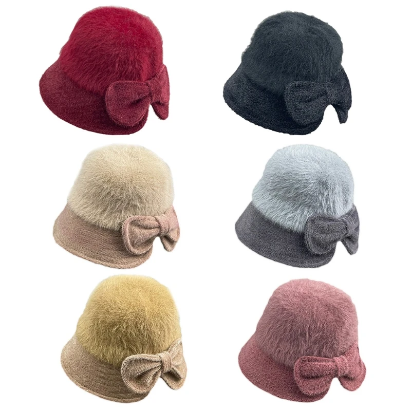 Модная шапка рыбака из кроличьего меха с бантом и широкими полями Панама вязаная