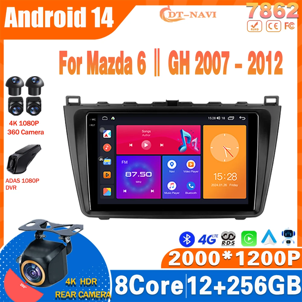 Автомобильный радиоприемник Android 14 для Mazda 6 II GH 2007-2012 Мультимидия Видеоплеер