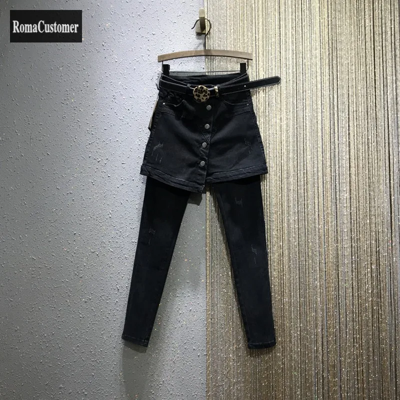 

Summer Womens New Fake Two Slim Skirt High Waist Stretch Straight Jeans Trend Temperament Korean Version Denim Pencil Pants