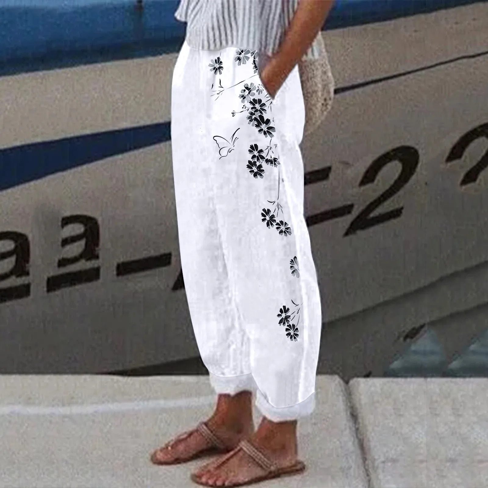 

Брюки женские хлопково-льняные с карманами, повседневные свободные эластичные штаны с завышенной талией и широкими штанинами, прямые брюки