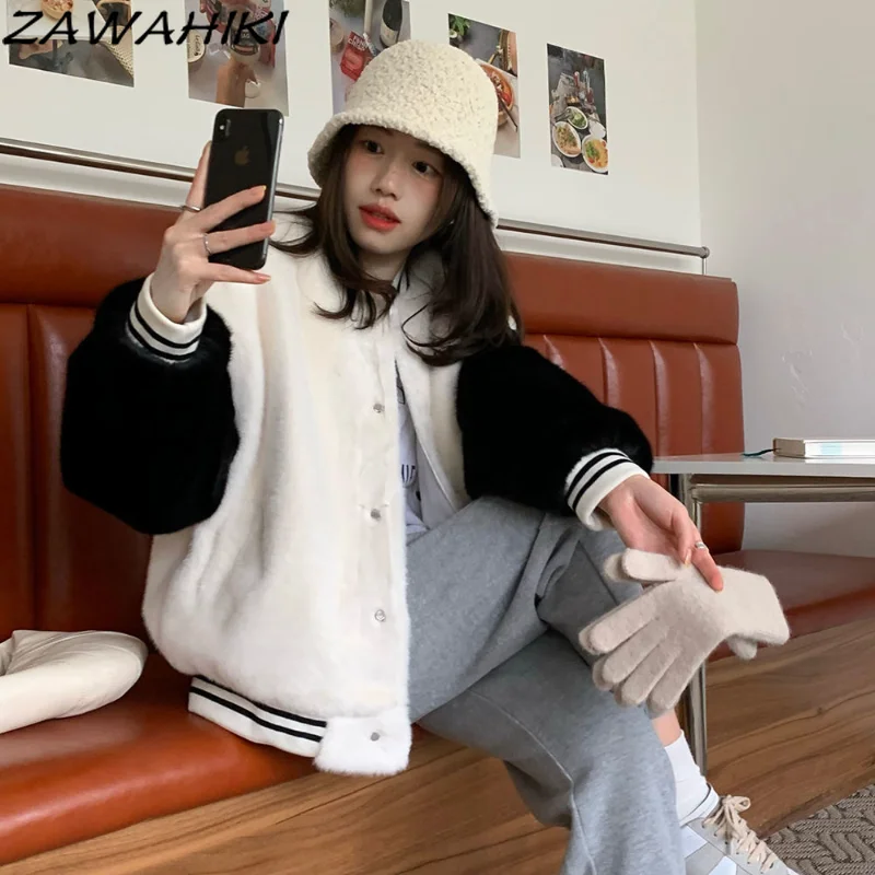 

Fluffy Autumn Lettter Embroidered Baseball Jacket Warm Jacket Contrast Color Sleeve Women Single Breasted Streetwear Outwear