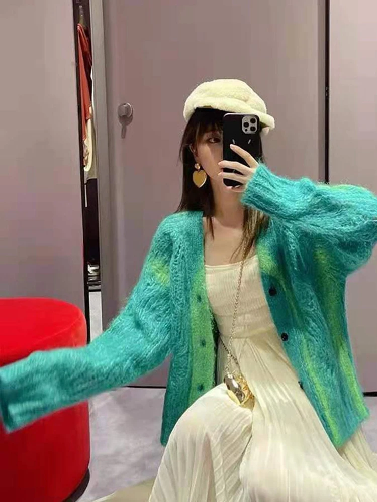 

Women Sweater 2021 Autumn and Winter New Spray Color Tie-dye Hand-painted Knitted Cardigan 100% Mohair