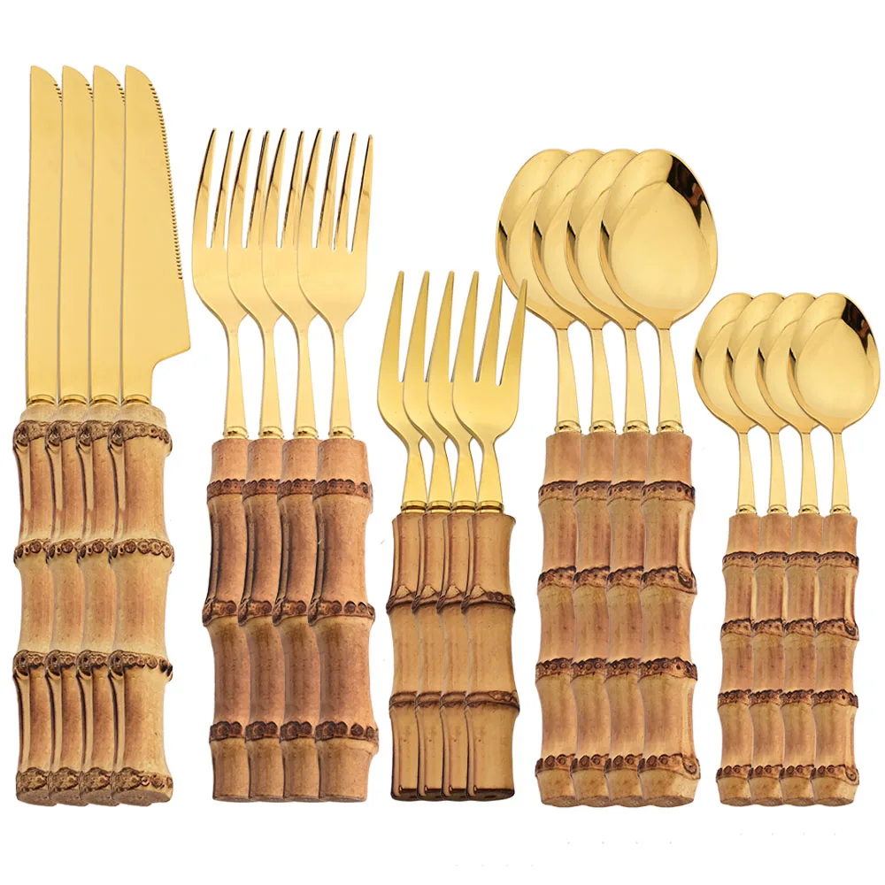 

20Pcs 304 Stainless Steel Wooden Handle Dinnerware Set Knife Fork Spoon Cutlery Natural Wood Bamboo Tableware Set Hotel Kitchen