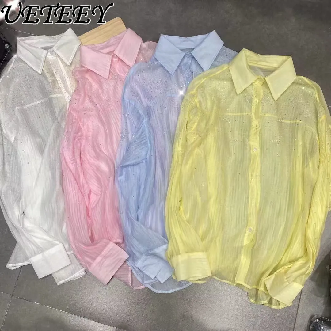 

Hot Sale Heavy Embroidery Hot Drilling Long-Sleeve Shirt Women Sweet Candy Color Slimming Cardigan Spring and Autumn New Blouse