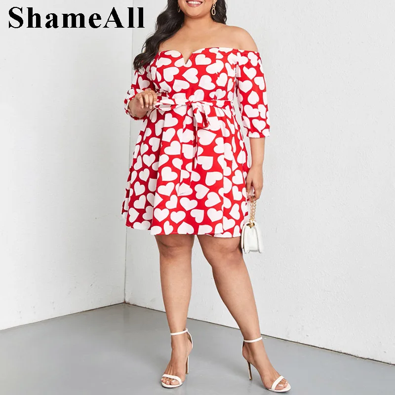 

Plus Size Off The Shoulder Half Sleeve A-line Shrot Dres 4XL Summer Women Heart Print Belt Knee Length Boho Holiday Beach Dress