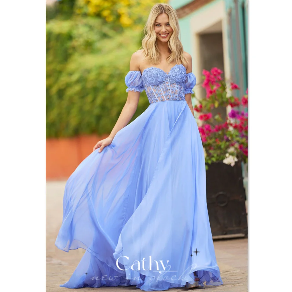 

Женское платье для выпускного вечера, голубое кружевное платье с вышивкой и открытыми плечами