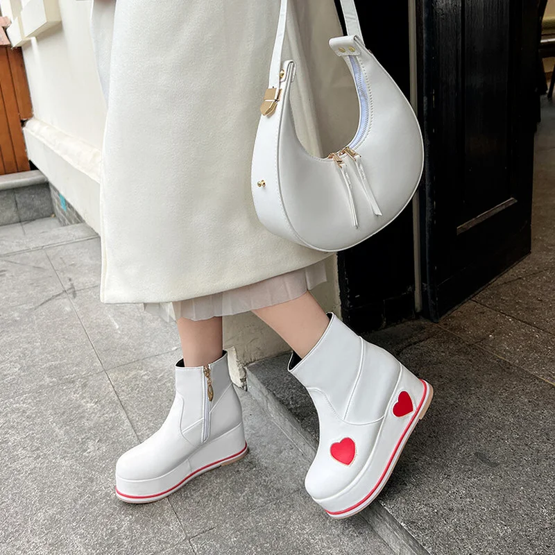 Women Ankle Boots Round Toe Heart Platform Wedges Increased Heel Zipper Sweet Mixed Fashion sheos Casual Yellow Pink NEW 2022