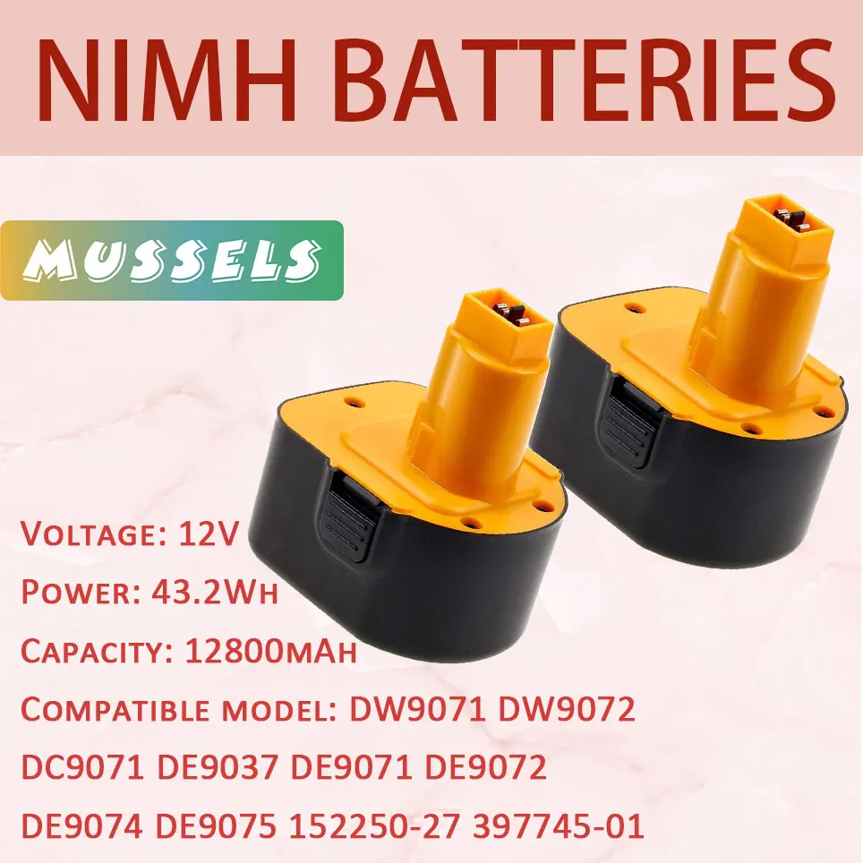 

2022 12800mAh Ni-Mh Battery Compatible with DeWalt 12V Battery XRP DW9071 DE9071 DE9072 152250-27 397745-01 Cordless Power Tools