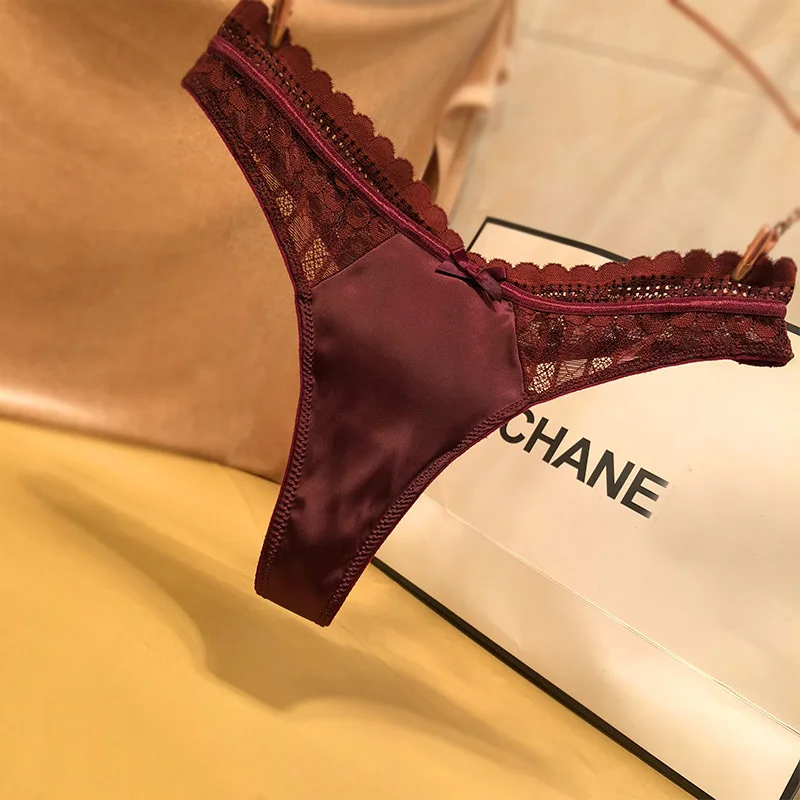 

European Noble Silk Satin Sexy Thong Sexy Women's Underwear Lace Temptation Lingerie Female Sexy Seamless Pink Women's Panties