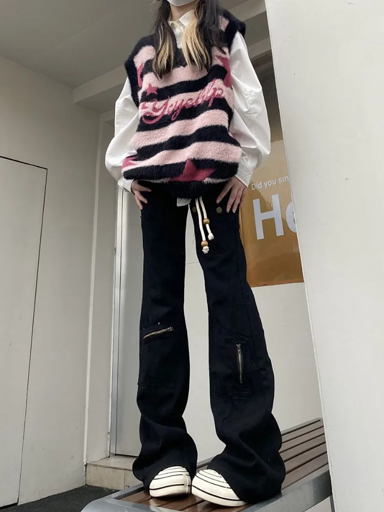 

Черные брюки-карго на молнии в американском стиле, женские свободные расклешенные брюки с низкой талией, Y2k E-Girl, винтажные прямые расклешенные брюки для женщин