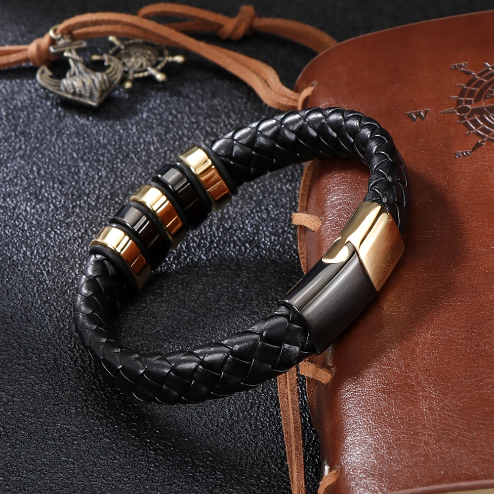 Плетеные кожаные браслеты для мужчин звеньевая цепь нитка магнитная застежка