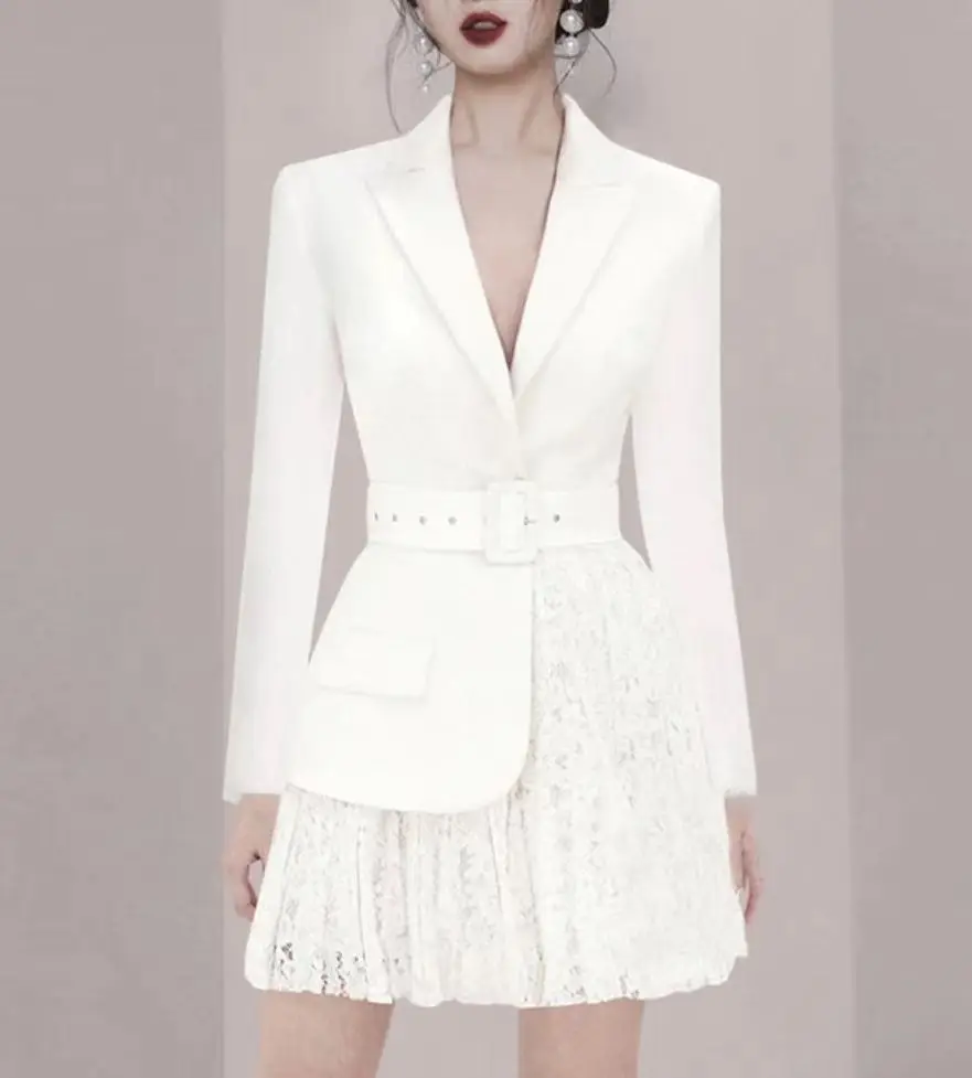 

Autumn New Stylish Fake Two Piece Mini Blazer Dress for Women 2023 Long Sleeve Lace Patchwork Slim White Short Dress