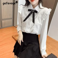 summer solid sweat kawaii shirt female long sleeve lace bow doll collar chiffon blouse women aesthetic hollow out lady clothes