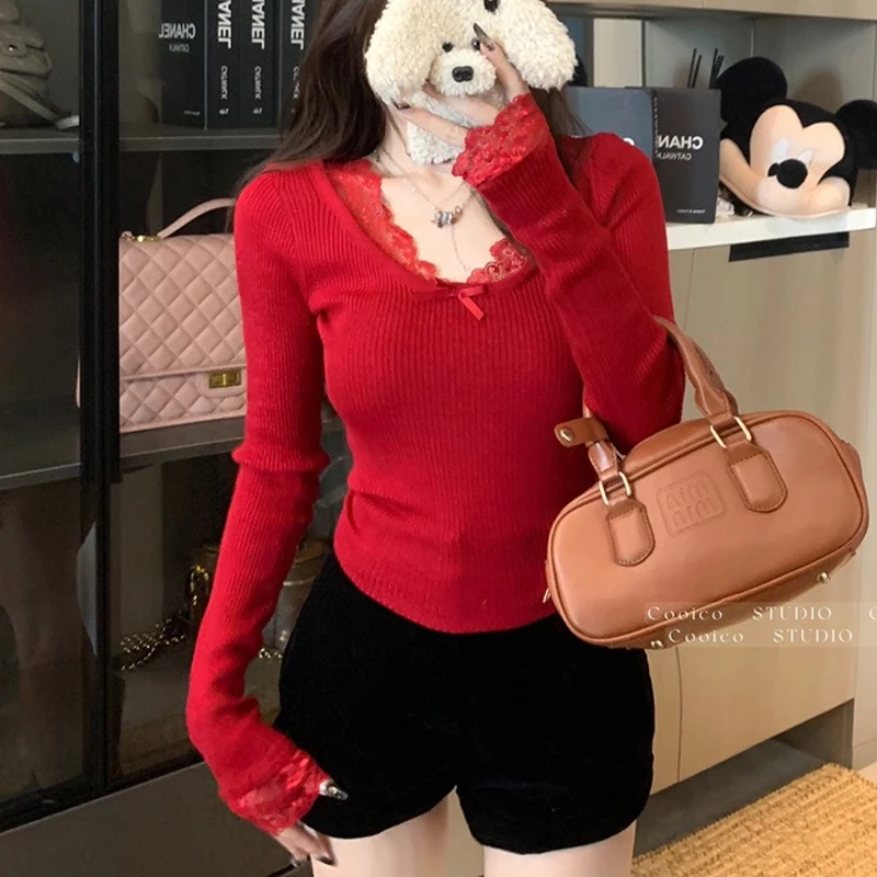 Женский свитер с кружевным воротником осень 2024 новый корейский универсальный