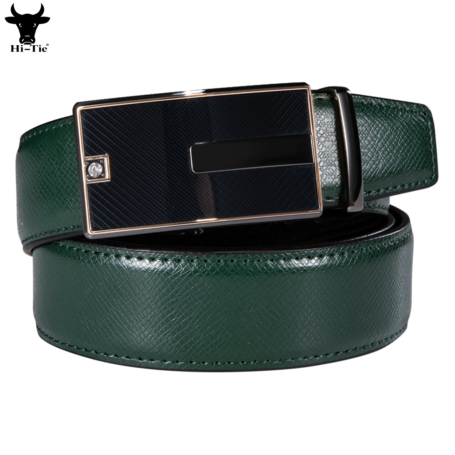 

Hi-Tie Black Automatic Buckles Mens Belts Green Real Leather Ratchet Vintage Waistband Belt for Men Jeans Dress Wedding Cowboy