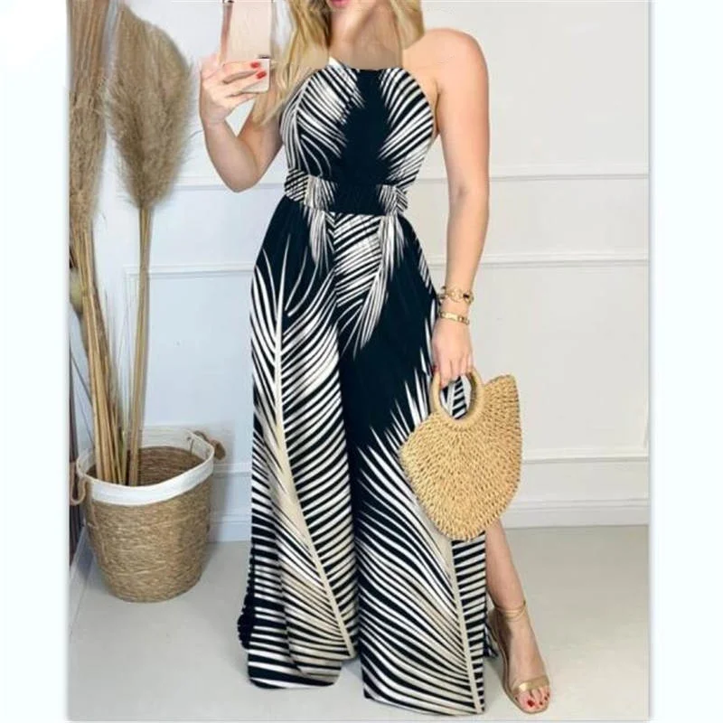 

Women Jumpsuit Long Elegant 2022 Summer Women Sleeveless Print Jumpsuit Halter Slit One Piece Bodysuit Boho