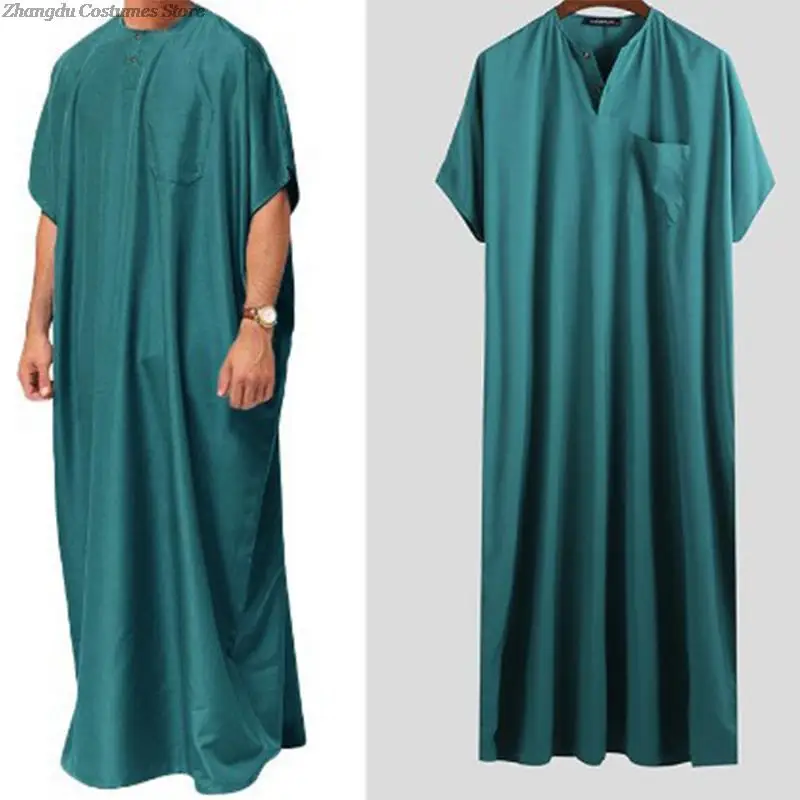 Men Vintage Short Sleeve Loose Muslim Kaftan Robes Jubba Thobe Men Saudi Arabia Abaya Dress Middle East Arabic Clothes