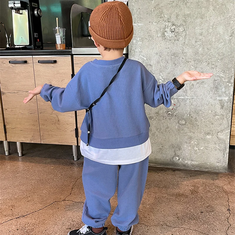 Boys Suit Sweatshirts +Pants Cotton 2Pcs/Sets 2022 Grey Spring Autumn Thicken Teenager Kid Outdoor Plus Size Children Clothing