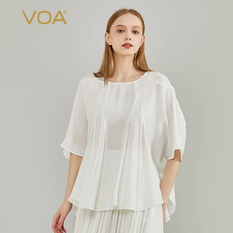 

VOA Silk Jacquard 19 Momme Cloud White Round Neck Georgi Patch Bat Sleeve Loose Tops Elegant Fashion Silk T-shirt Women BE1602