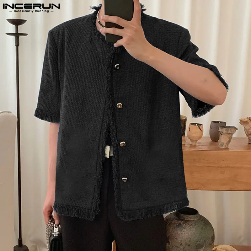 

INCERUN Men Shirt Tassel Short Sleeve Button Up Streetwear Solid Color Casual Shirts Summer 2023 Korean Fashion Men Clothing
