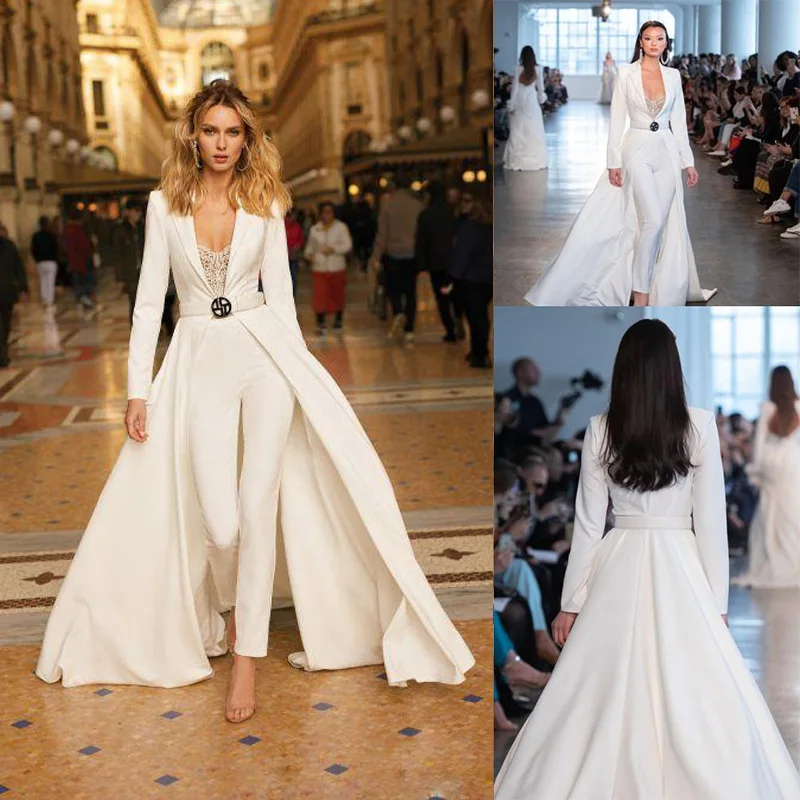 Elegant Wedding suit Women 2022 Long Sleeves lace Pants Sets for brides Sparkle Luxury Beach Robe Party Vestido De Novia
