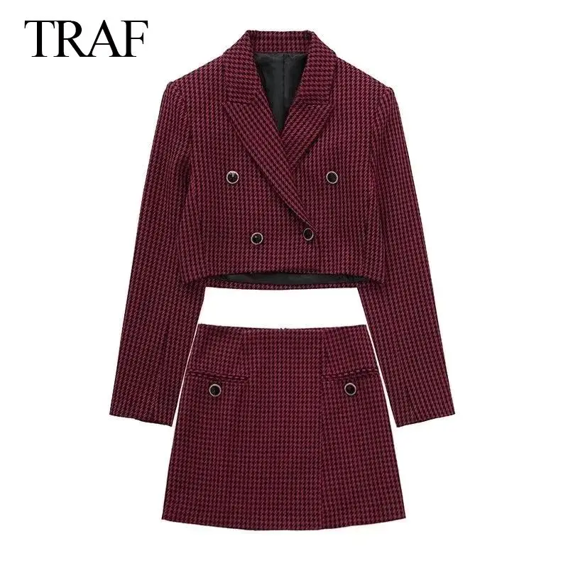 

TRAF ZA Women's Short Long Sleeve Double Breasted Blazer + Plaid High Waist Mini Skirt Two Piece Slim Casual Retro Elegant Women
