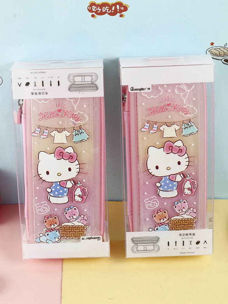 Hello Kitty Quicksand Pencil Case Stationery Women's Korean-Style Simple Large Capacity Pupils' Pencil Box Cute Gift Waterproof
