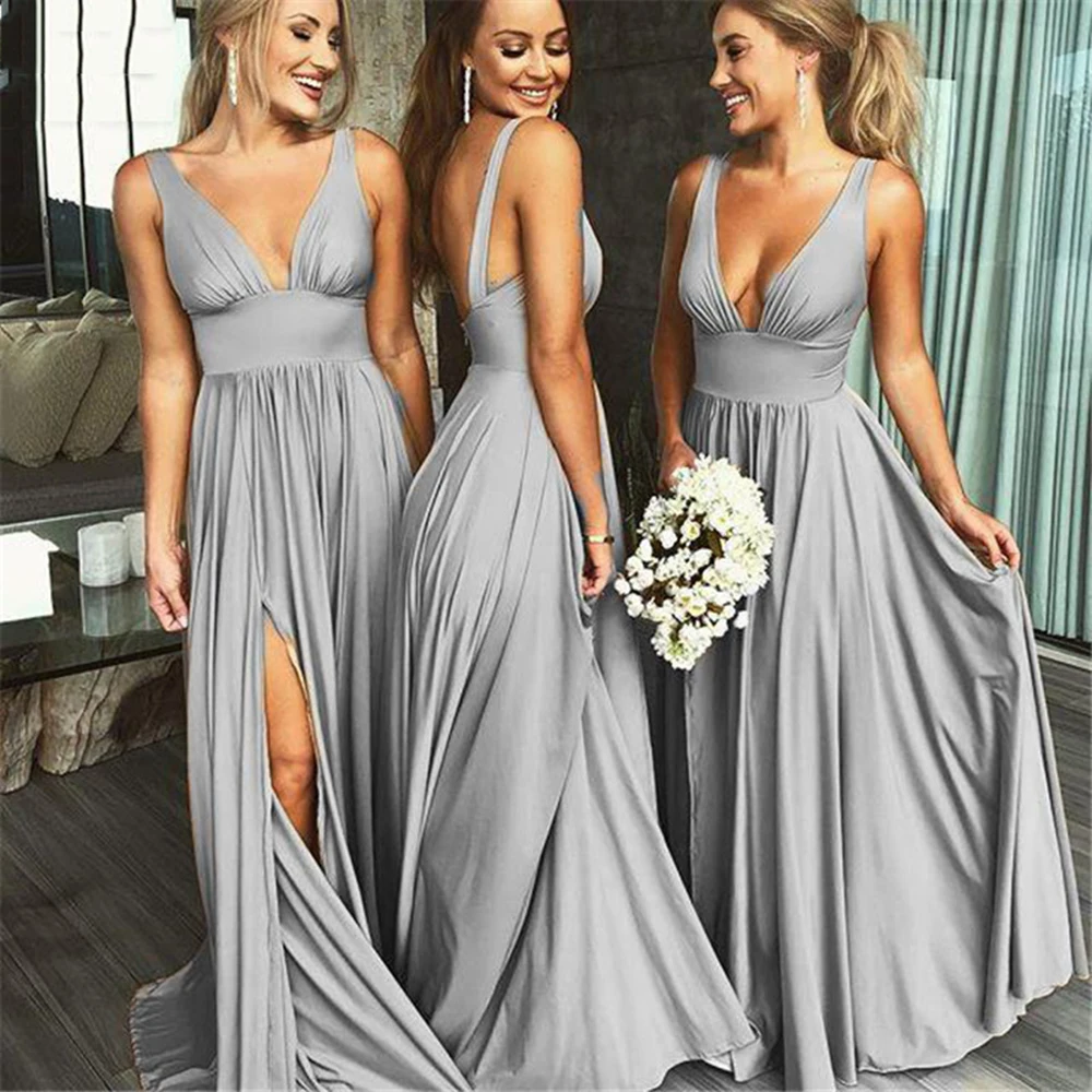 

Женское длинное платье подружки невесты, серое вечернее платье без рукавов с глубоким V-образным вырезом спереди, индивидуальный пошив, 2022