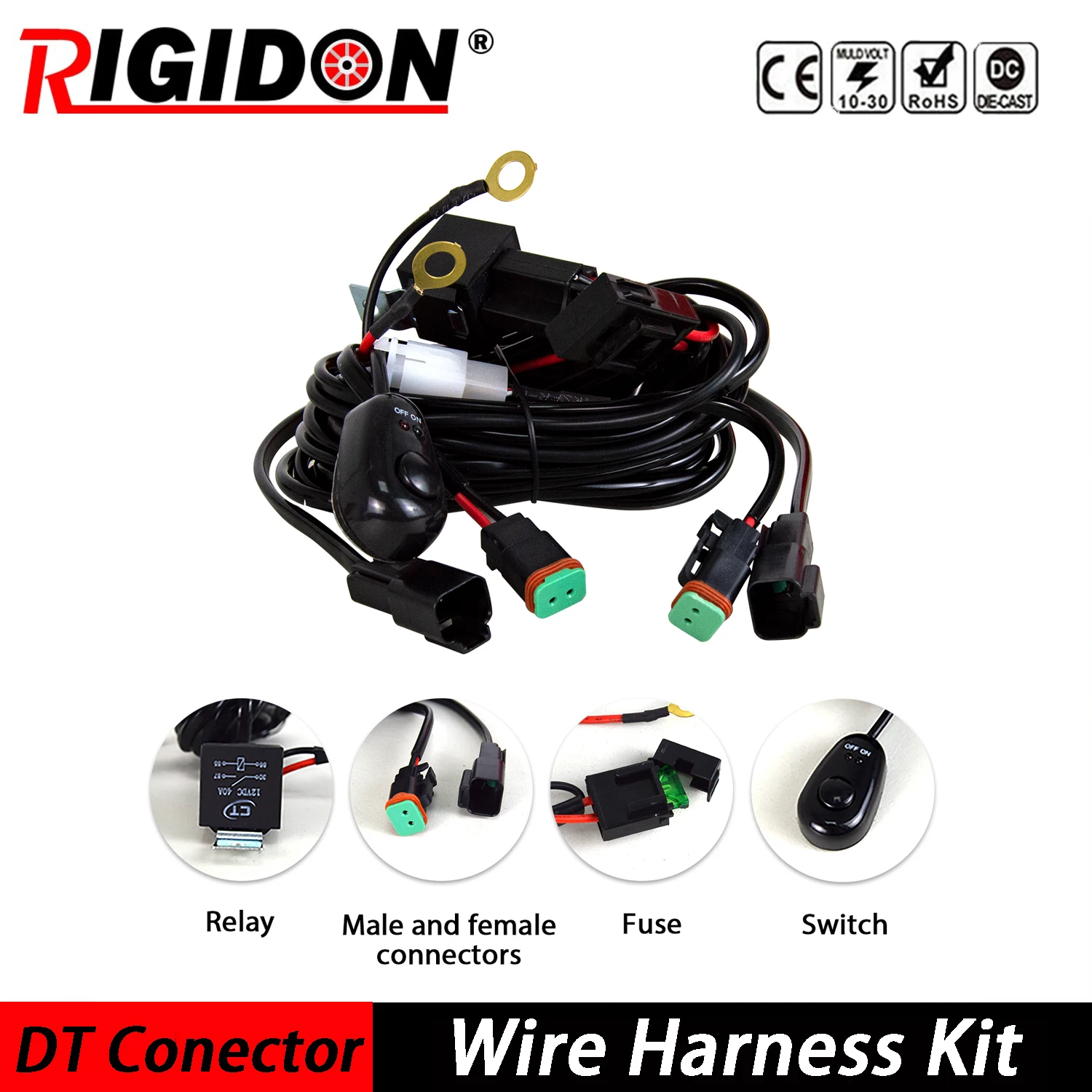 

RIGIDON 1 2 4 Lead 12V 40A LED Work Light Bar Wiring Harness Kit Offroad 4x4 Truck SUV Cable Rocker Black Switch Relay Fuse
