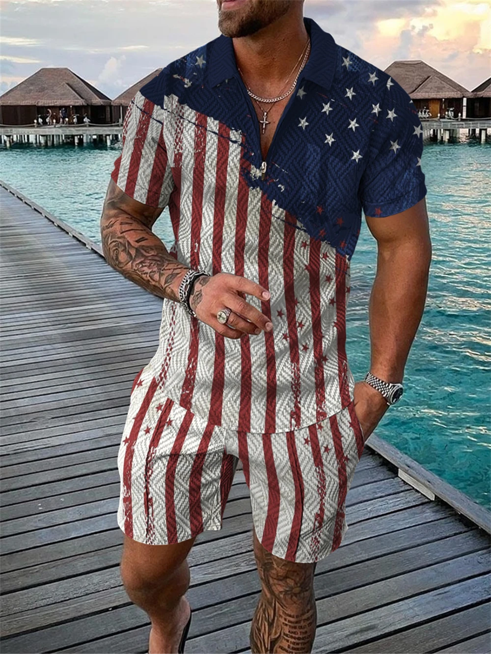 2023 New Summer Clothing Men's Shorts Set Short Sleeve Zip Polo Shirt Street T-shirt Two Piece Casual Sportswear