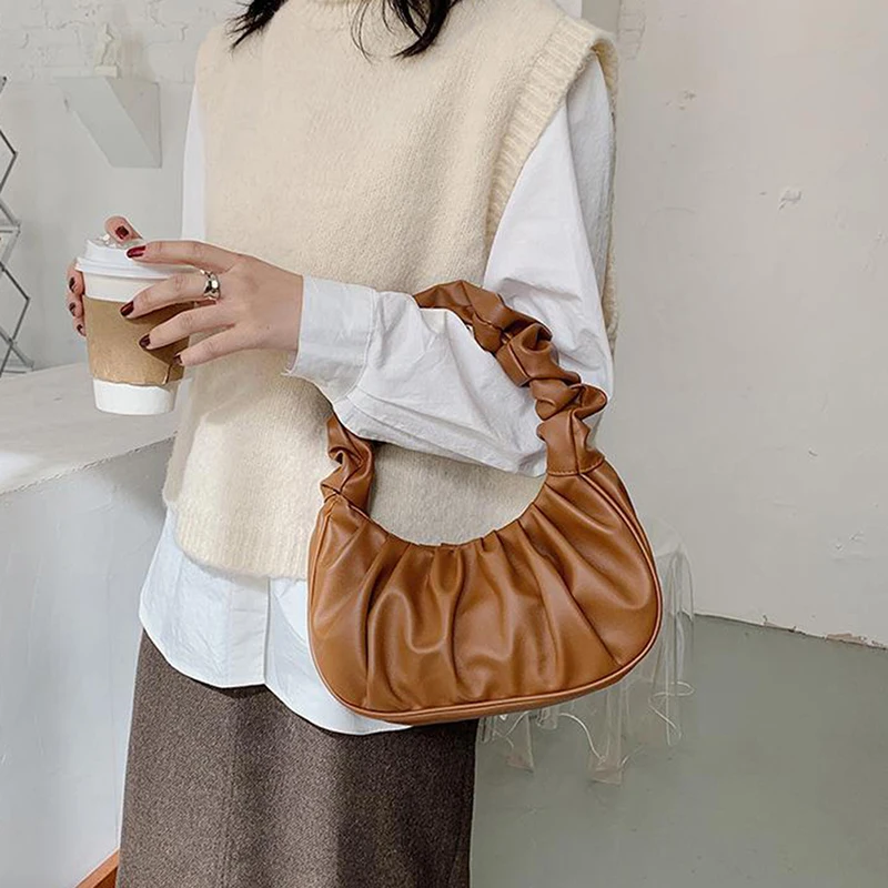 Summer Pleated Handlebags For Women PU Cloud Bags Daily Autumn Casual Street Travel Underarm Bags Shopping Tote