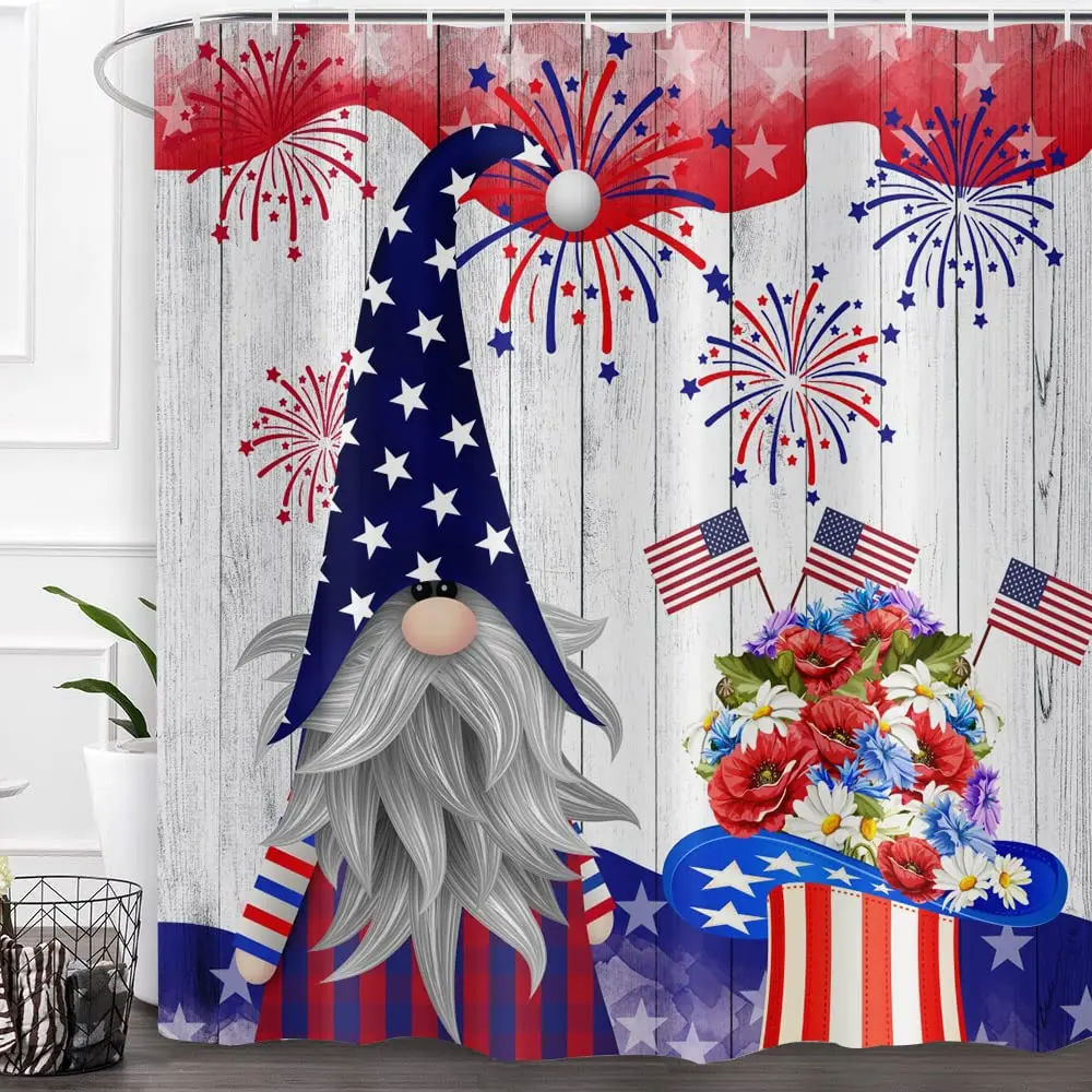 

4th of July Gnomes Shower Curtains with Hooks Independence Day Celebration Red Blue Stars President's Day Bathroom Bathtubs Sets