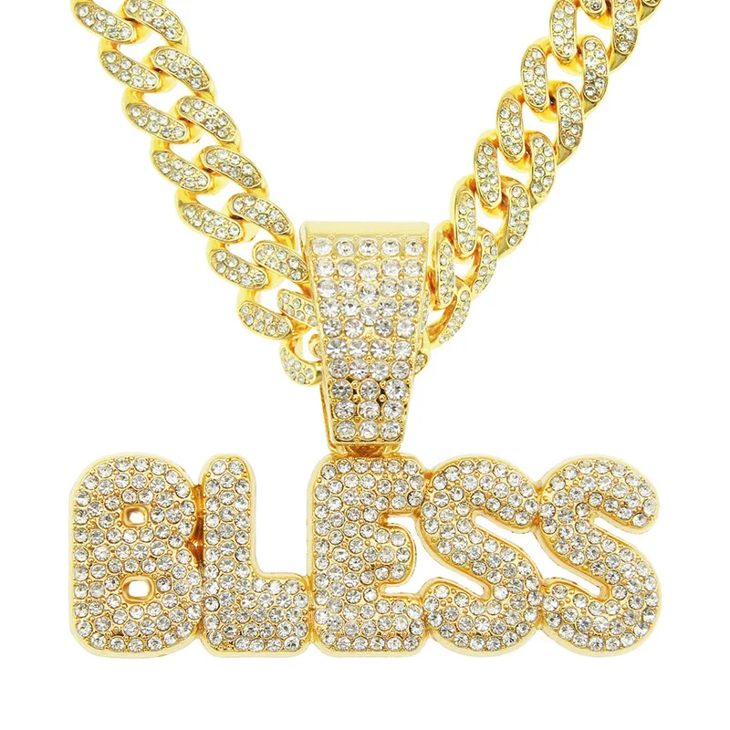 

Hip Hop Punk Bling Iced Out Full Rhinestones Cuban Chain Gold Color Letter Bless Necklace for Men Women Rapper Jewelry Gift
